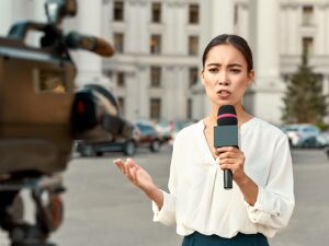 Presse: Schulterblick über einen Kameramann/-frau auf eine junge Reporterin